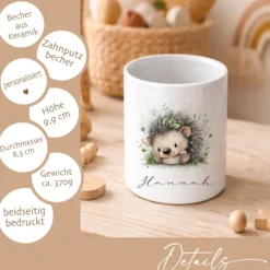 Personalisierter Zahnputzbecher für Kinder mit Namen | Keramik Trinkbecher & Zahnbürstenhalter | Geschenk für Kindergarten, Schule & Geburtstag | Motive: Faultier, Igel, Ente, Otter, Küken