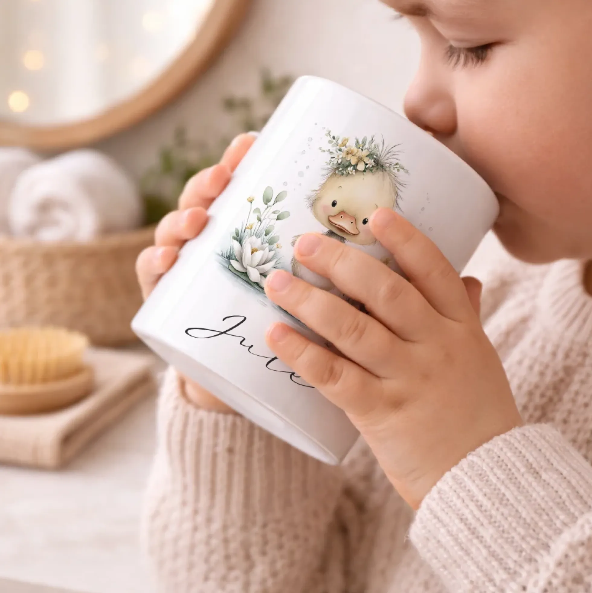 Personalisierter Zahnputzbecher für Kinder mit Namen | Keramik Trinkbecher & Zahnbürstenhalter | Geschenk für Kindergarten, Schule & Geburtstag | Motive: Faultier, Igel, Ente, Otter, Küken