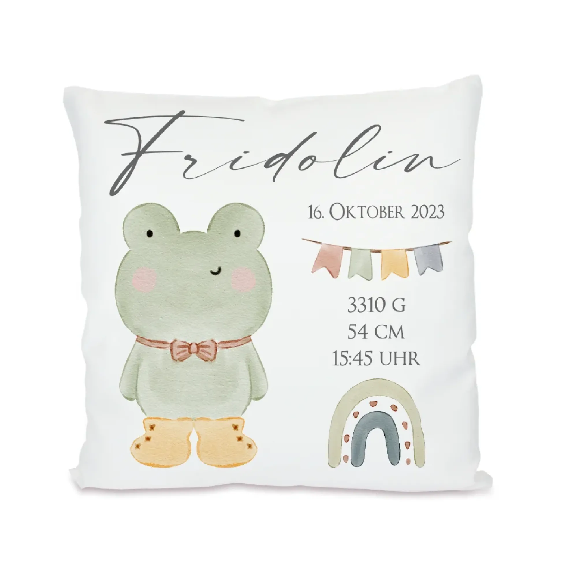 Personalisiertes Babygeschenk, Kissen zur Geburt mit Geburtsdaten, Motiv: Frosch