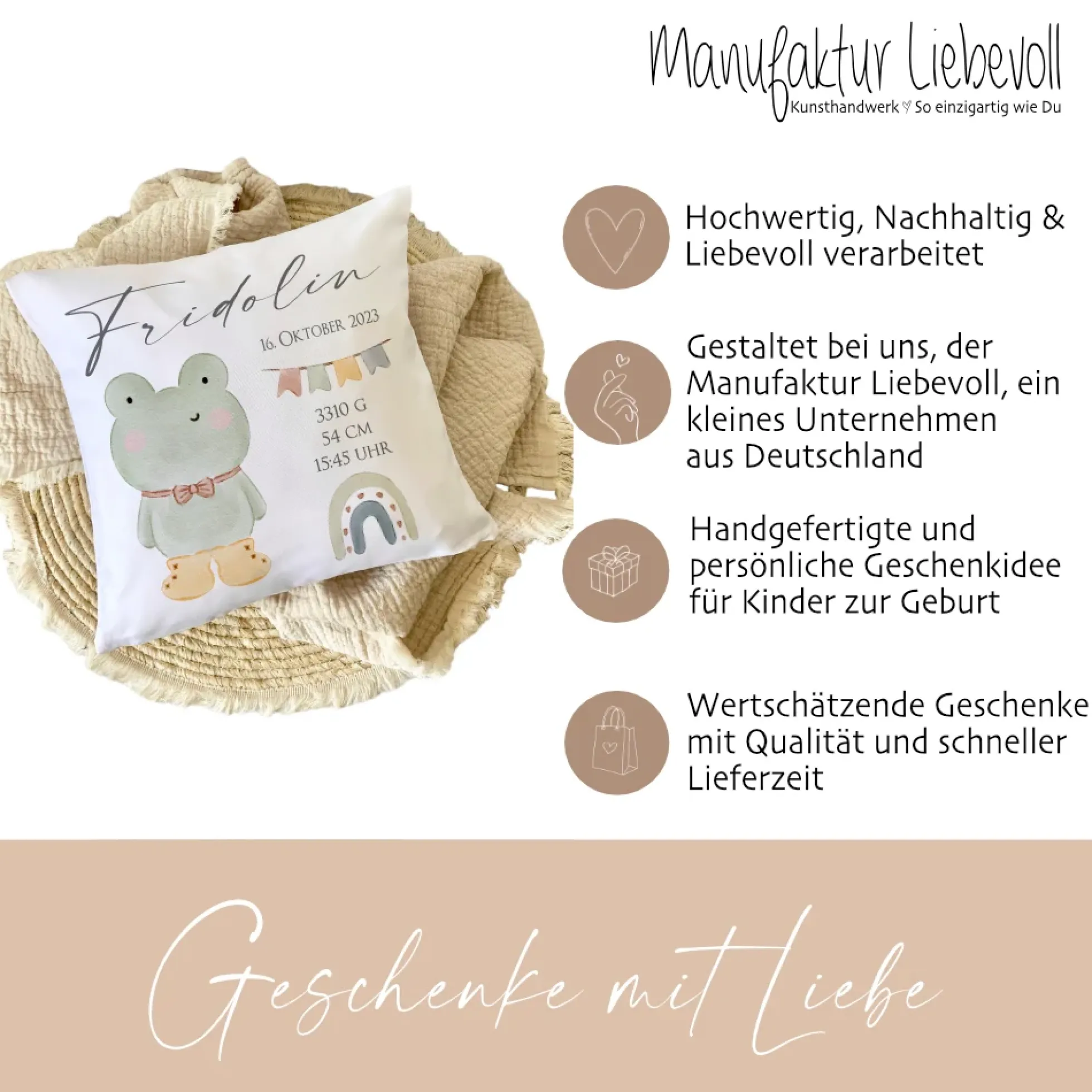 Personalisiertes Babygeschenk, Kissen zur Geburt mit Geburtsdaten, Motiv: Frosch