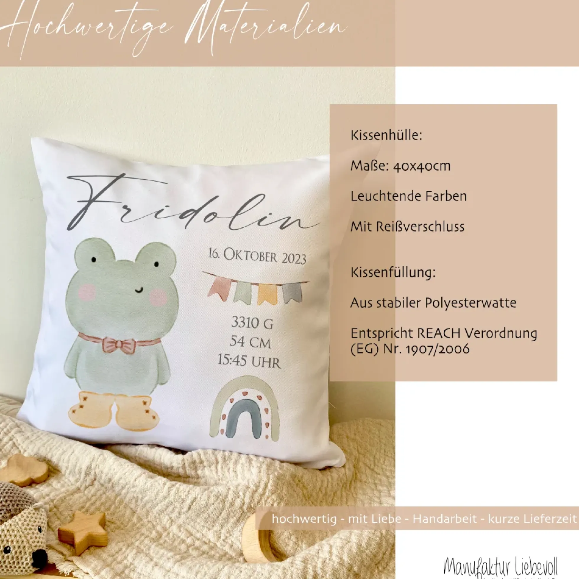 Personalisiertes Babygeschenk, Kissen zur Geburt mit Geburtsdaten, Motiv: Frosch