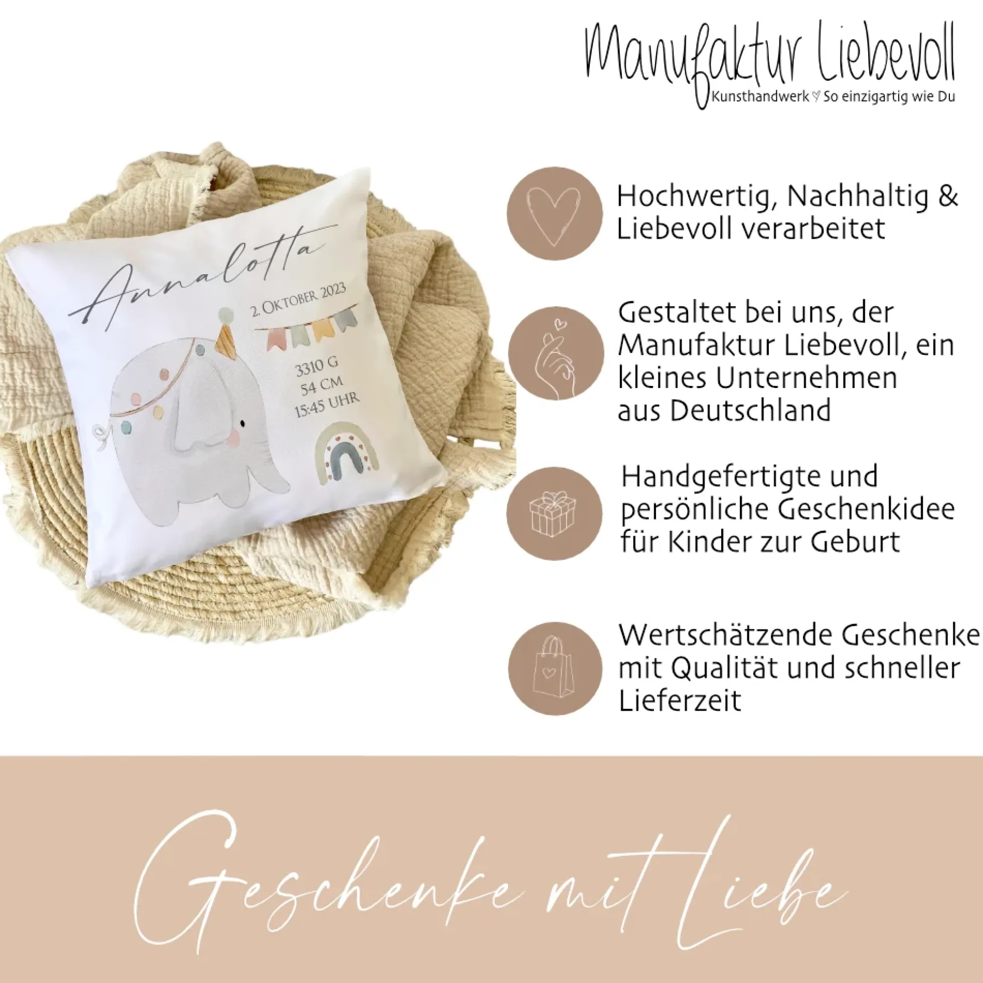 Personalisiertes Babykissen, Kissen zur Geburt mit Geburtsdaten, Motiv: Elefant