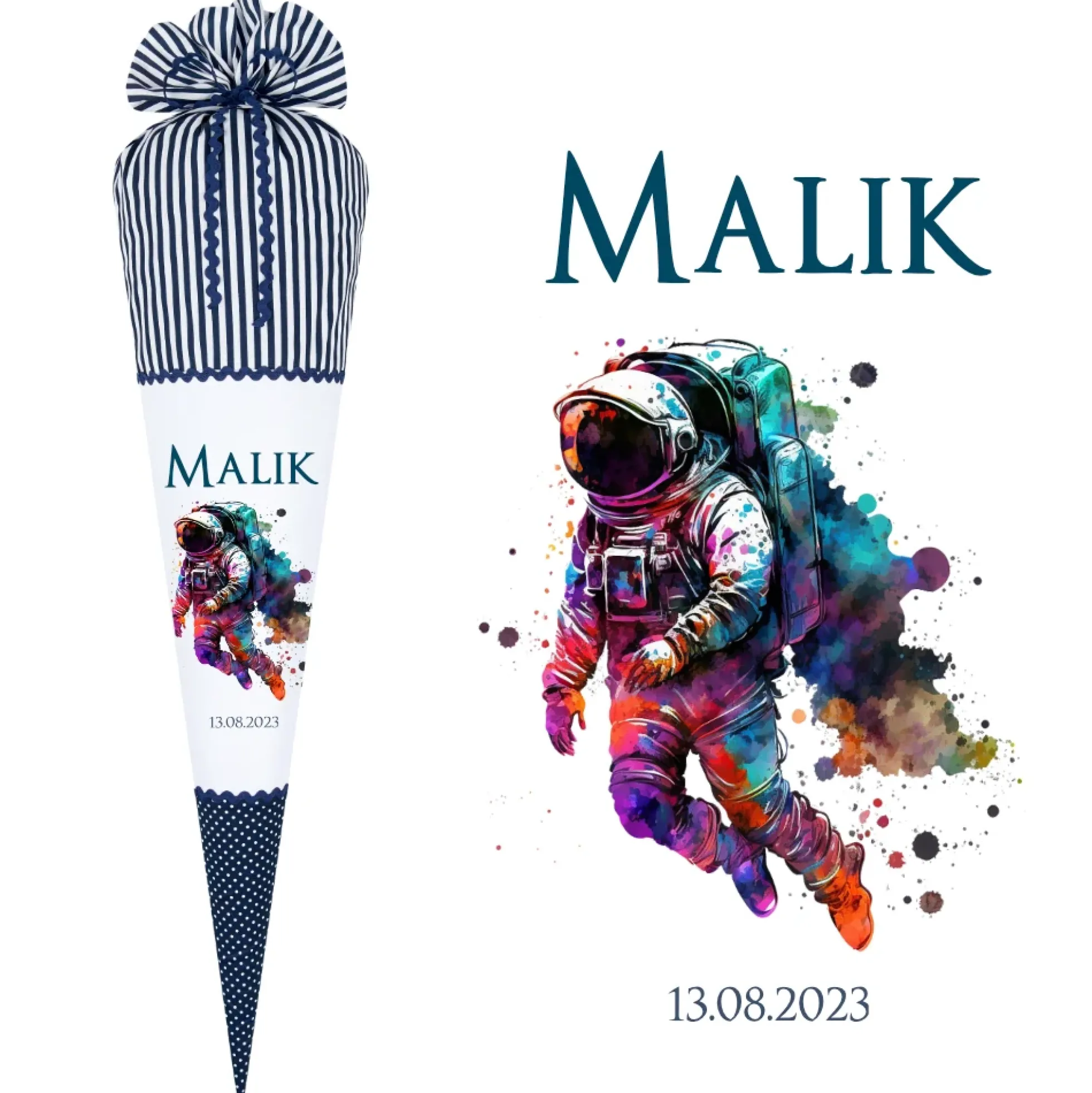 Personalisierte Schultüte Stoff Blau Junge Astronaut Weltall Weltraum Raumfahrt Wunschname Einschulungstüte 70 cm | Optional mit Füllkissen und Spitzenschutz