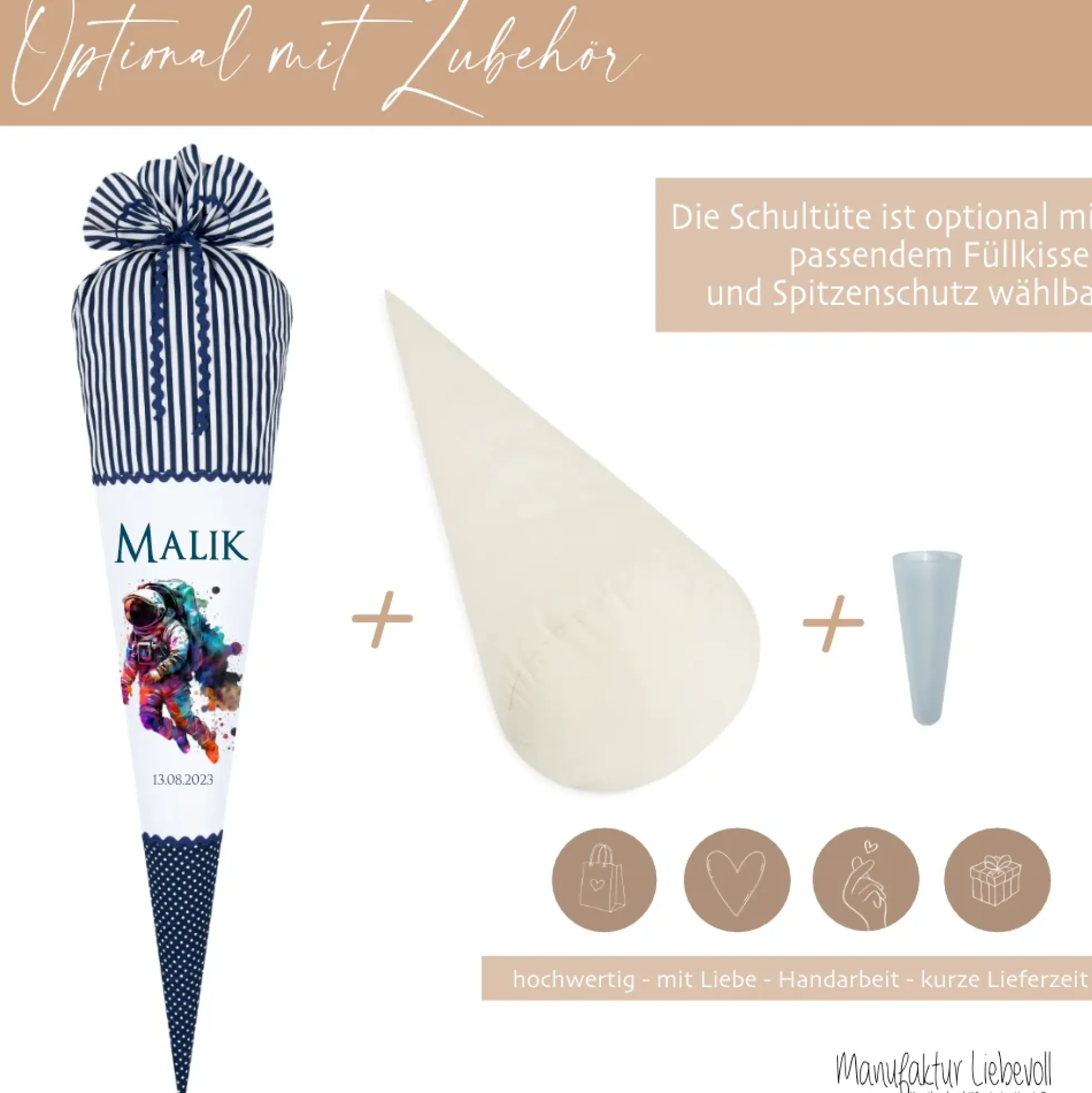 Personalisierte Schultüte Stoff Blau Junge Astronaut Weltall Weltraum Raumfahrt Wunschname Einschulungstüte 70 cm | Optional mit Füllkissen und Spitzenschutz