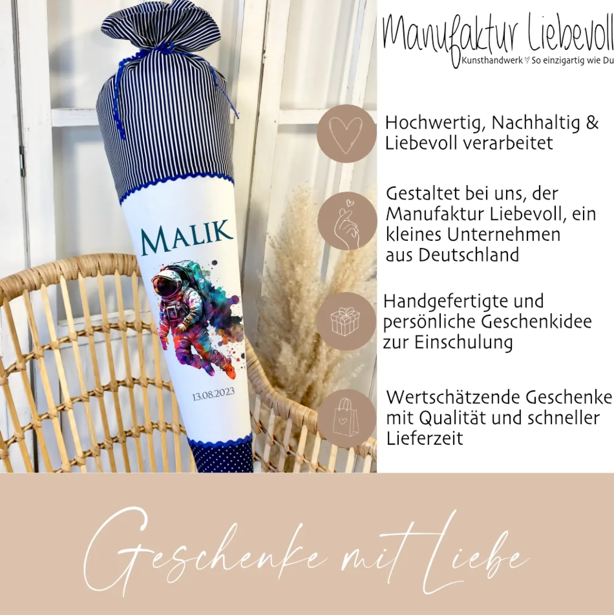 Personalisierte Schultüte Stoff Blau Junge Astronaut Weltall Weltraum Raumfahrt Wunschname Einschulungstüte 70 cm | Optional mit Füllkissen und Spitzenschutz