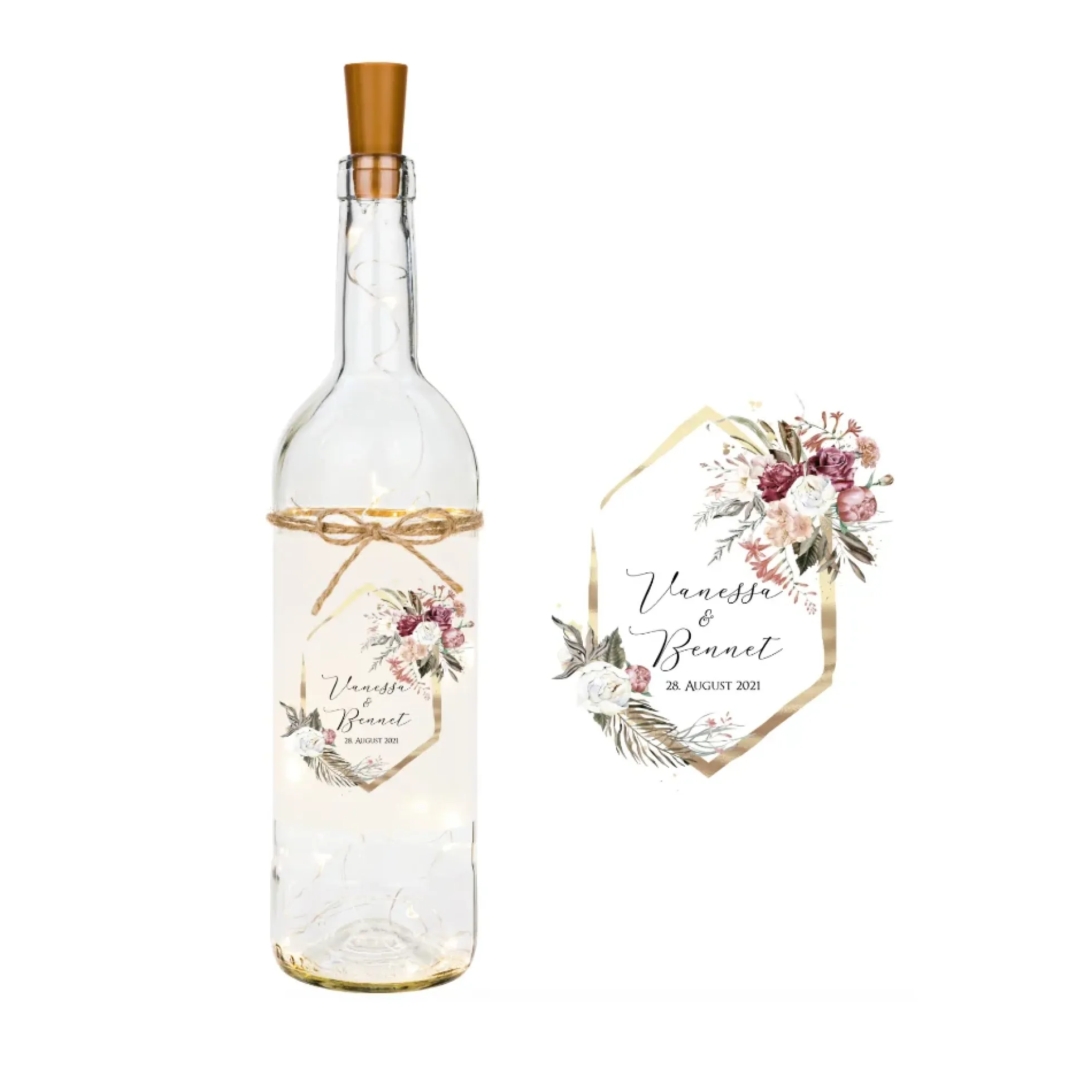 Personalisiertes Flaschenlicht zur Hochzeit | Besonderes Hochzeitsgeschenk | Handgefertigt mit den Namen des Paares und dem Hochzeitsdatum