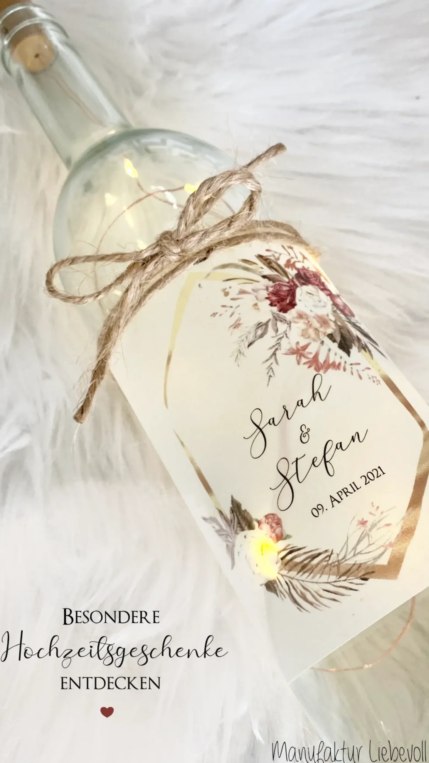 Personalisiertes Flaschenlicht zur Hochzeit | Besonderes Hochzeitsgeschenk | Handgefertigt mit den Namen des Paares und dem Hochzeitsdatum