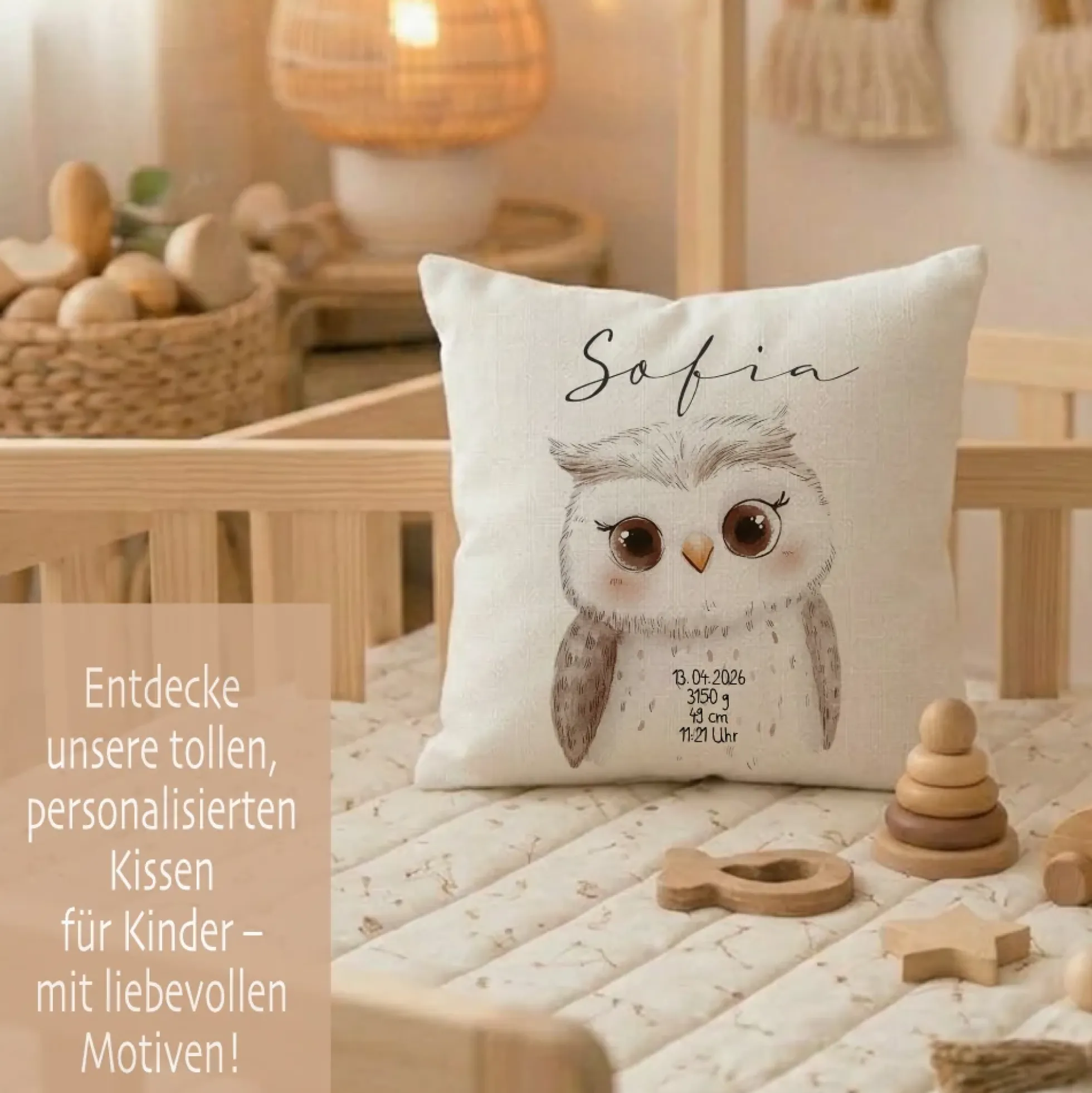 Personalisiertes flauschiges Babykissen mit Geburtsdaten – Waldtiere 40x40cm inkl. Füllung