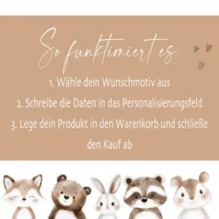 Personalisiertes flauschiges Babykissen mit Geburtsdaten – Waldtiere 40x40cm inkl. Füllung