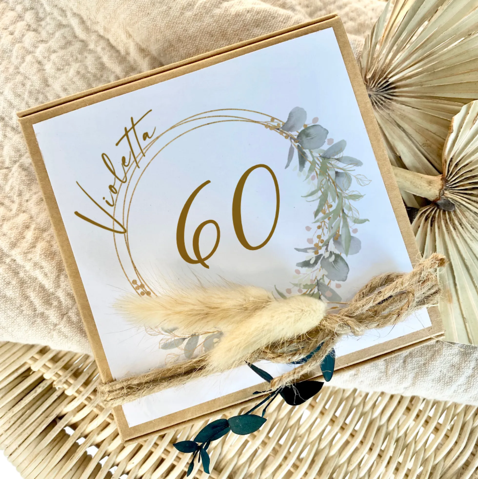 Personalisiertes Geldgeschenk zum runden Geburtstag, Glückwünsche 18. 20. 30. 40. 50. 60. 70. 80. Geburtstag, Geburtstagsgeschenk, Glückwunschkarte Geschenk Jutesack Trockenblumen