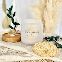 Personalisiertes Geschenkglas mit Wunschtext, Kerze und Trockenblume