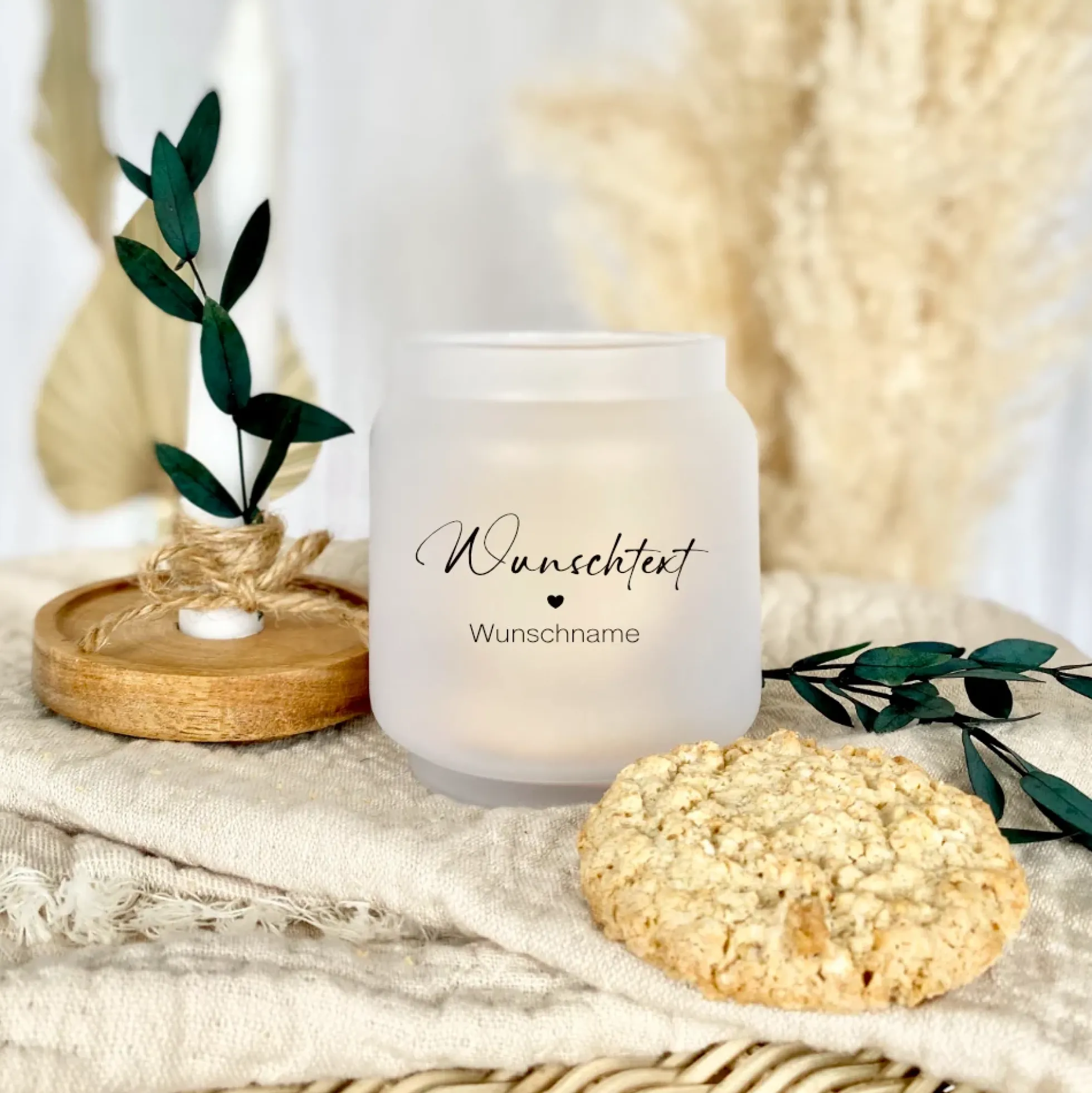Personalisiertes Geschenkglas mit Wunschtext, Kerze und Trockenblume