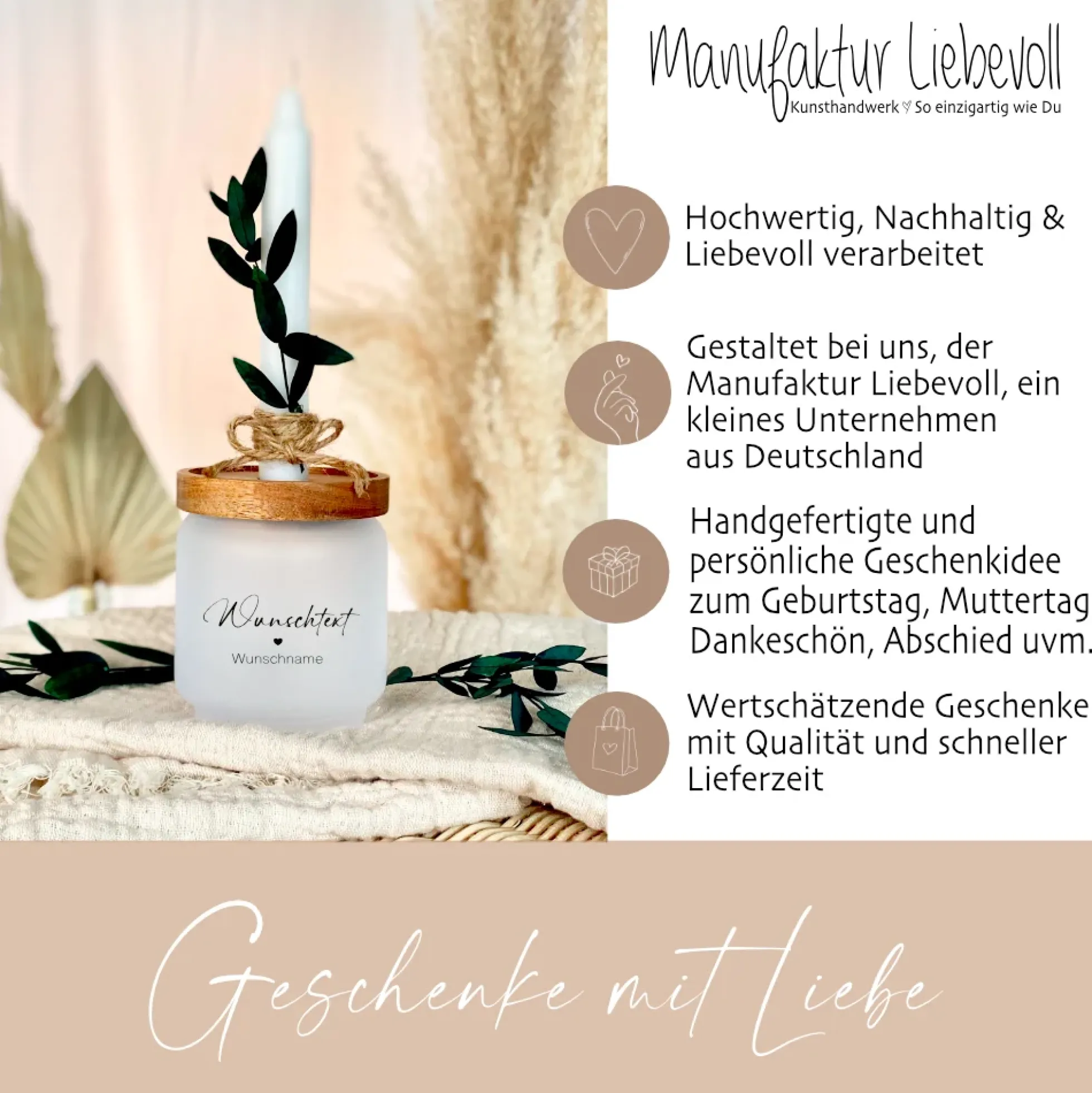 Personalisiertes Geschenkglas mit Wunschtext, Kerze und Trockenblume