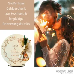 Personalisiertes Hochzeitsgeschenk Geld Geschenk aus Holz zur Hochzeit Geldgeschenk mit Namen u. Datum, Geschenk Hochzeit Tisch Deko Boho