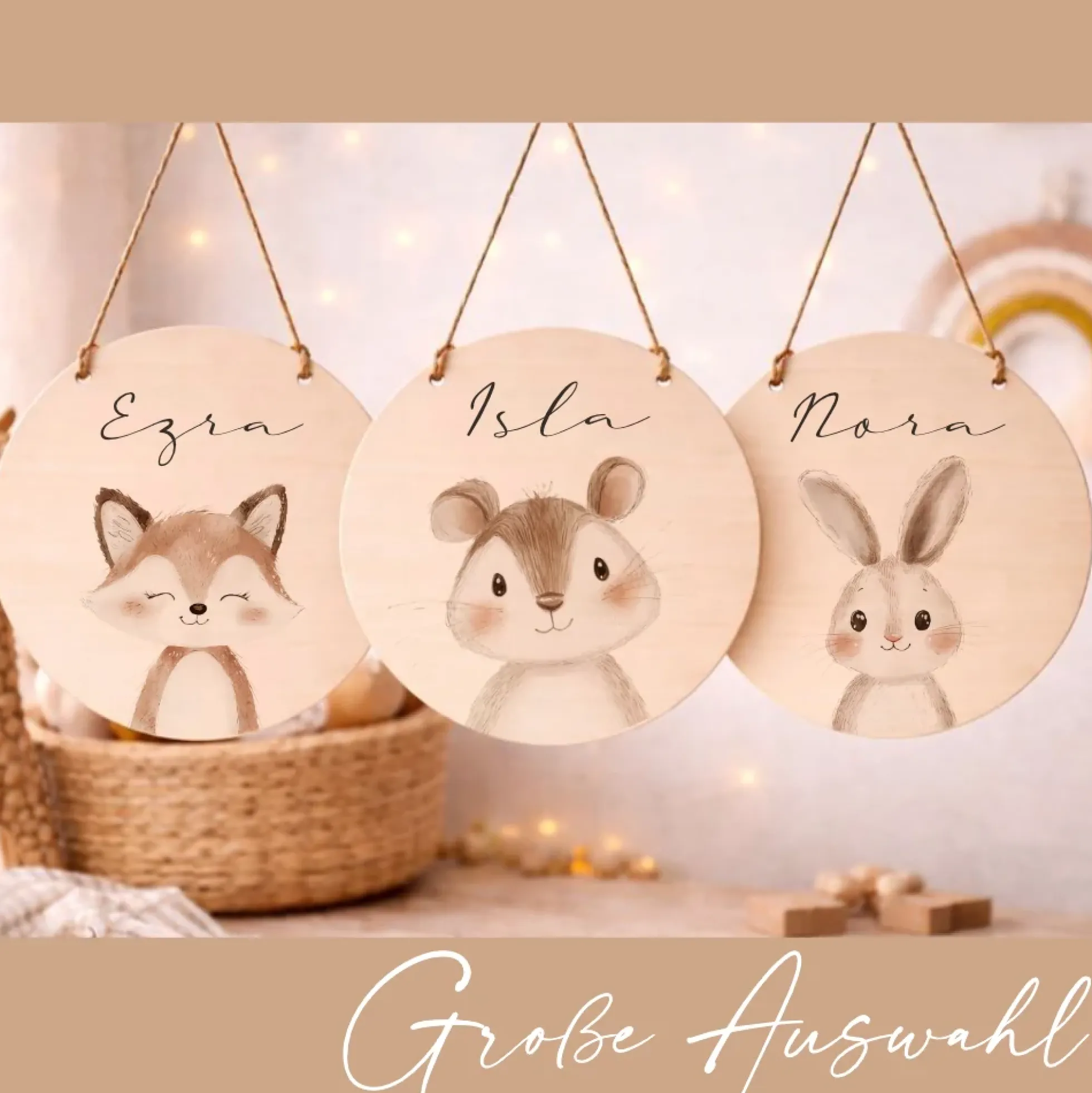 Personalisiertes Holzschild für Kinderzimmer – Türschild aus Holz mit Name & Tiermotiv – Geschenk zur Geburt & Taufe