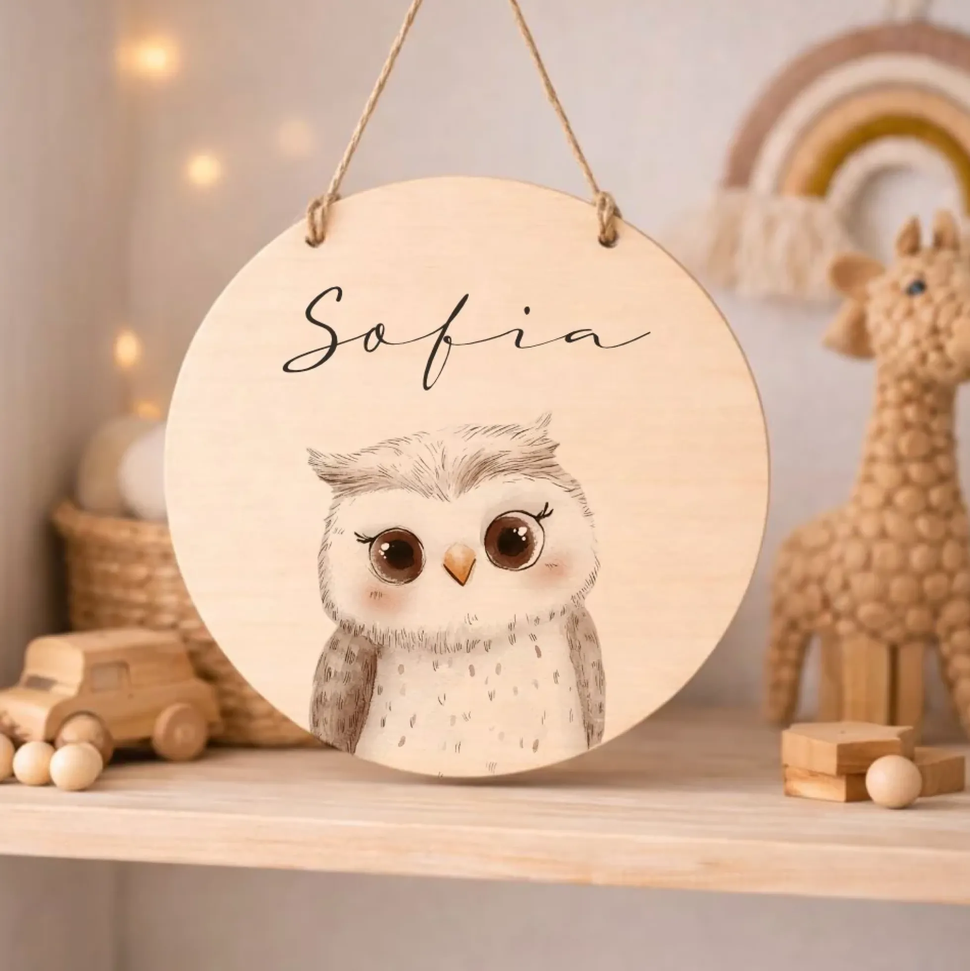 Personalisiertes Holzschild für Kinderzimmer – Türschild aus Holz mit Name & Tiermotiv – Geschenk zur Geburt & Taufe