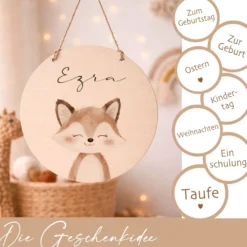 Personalisiertes Holzschild für Kinderzimmer – Türschild aus Holz mit Name & Tiermotiv – Geschenk zur Geburt & Taufe