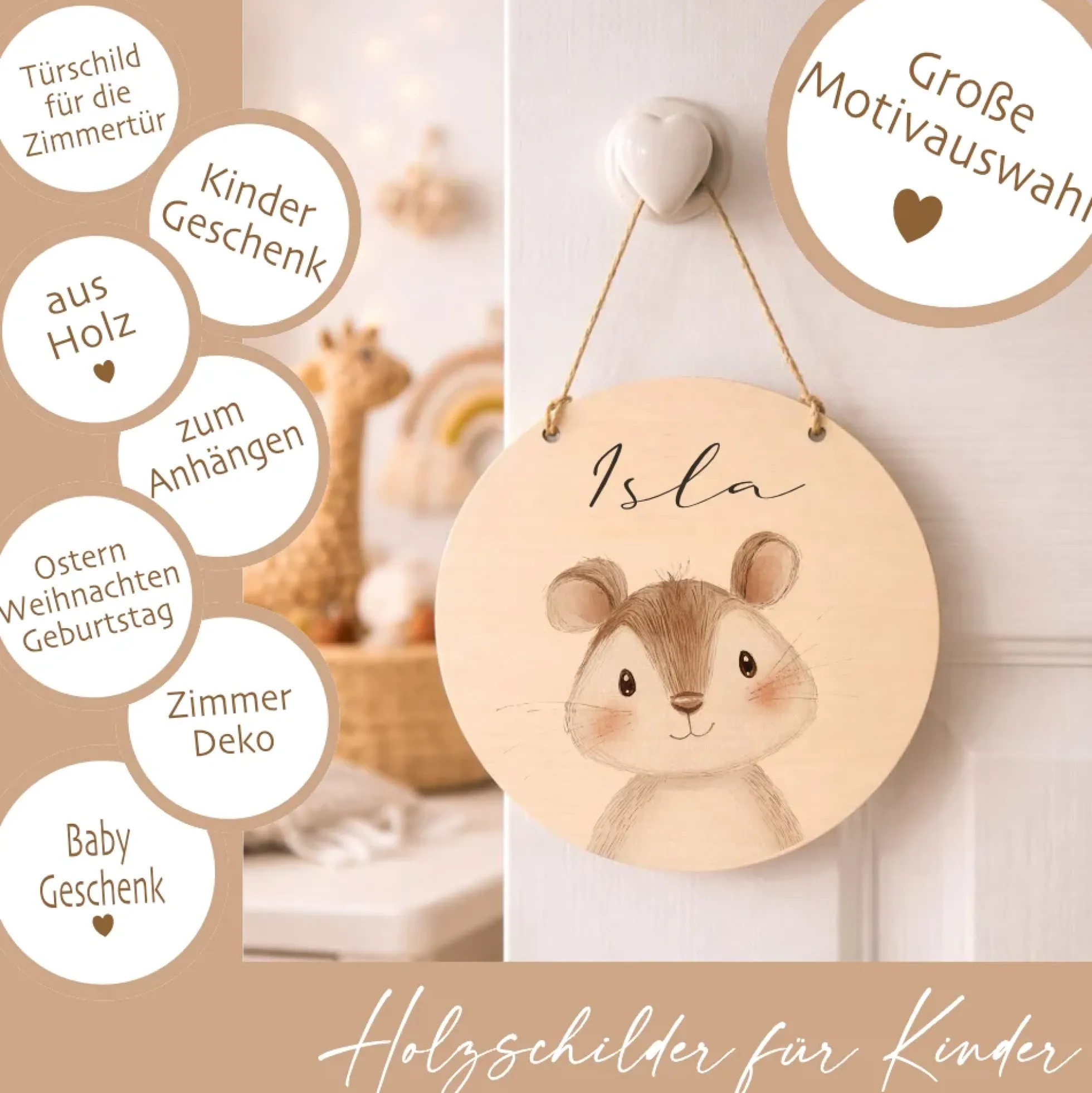 Personalisiertes Holzschild für Kinderzimmer – Türschild aus Holz mit Name & Tiermotiv – Geschenk zur Geburt & Taufe