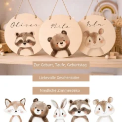Personalisiertes Holzschild für Kinderzimmer – Türschild aus Holz mit Name & Tiermotiv – Geschenk zur Geburt & Taufe