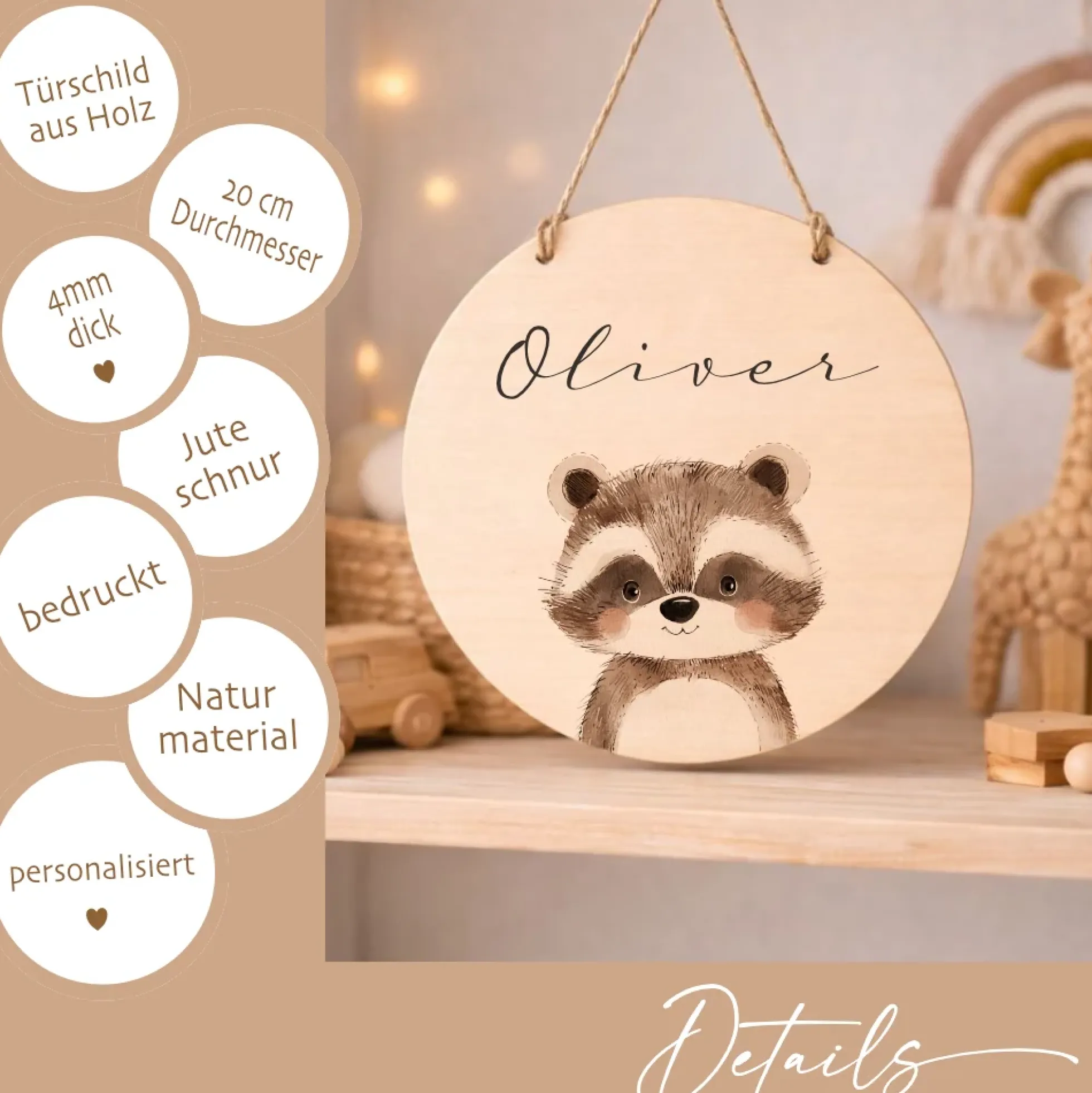 Personalisiertes Holzschild für Kinderzimmer – Türschild aus Holz mit Name & Tiermotiv – Geschenk zur Geburt & Taufe