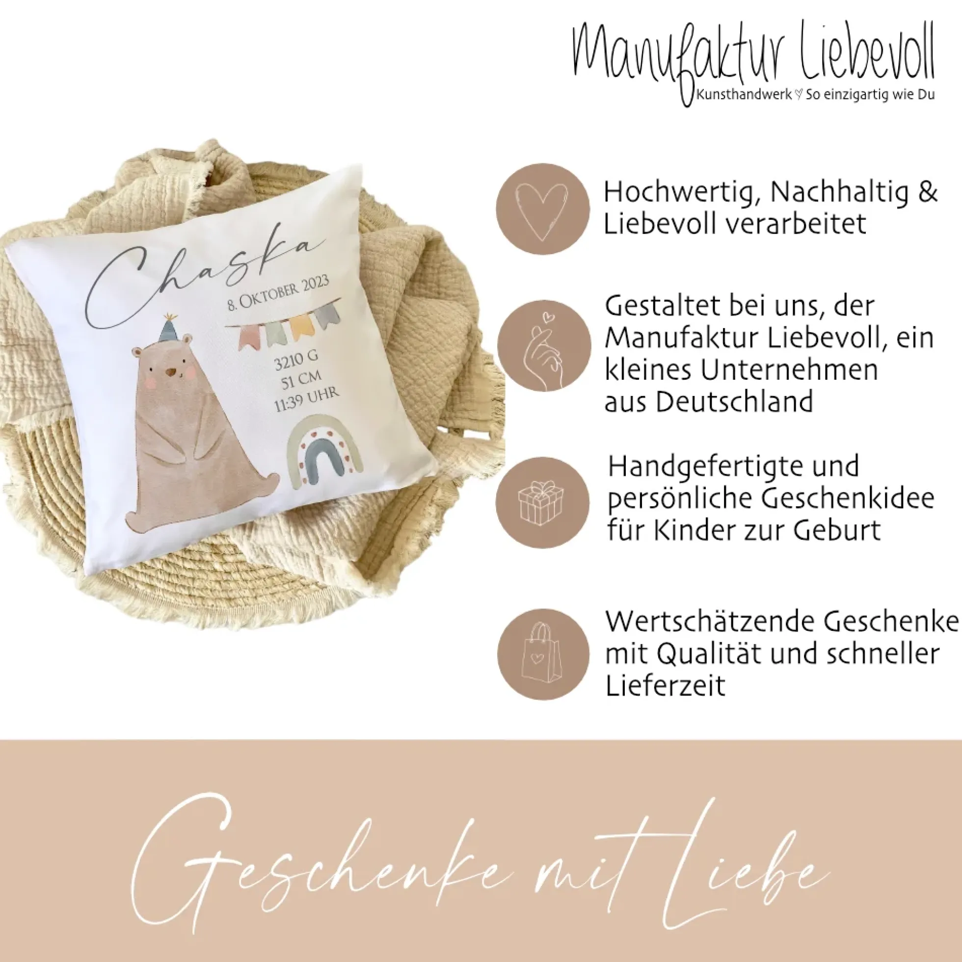 Personalisiertes Kissen für Neugeborene mit Geburtsdaten, Motiv: Bär