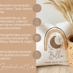 Personalisiertes Kissen mit Boho Regenbogen | Geschenk mit Namen für Mädchen und Jungen | Kissen mit Geburtsdaten für Neugeborene