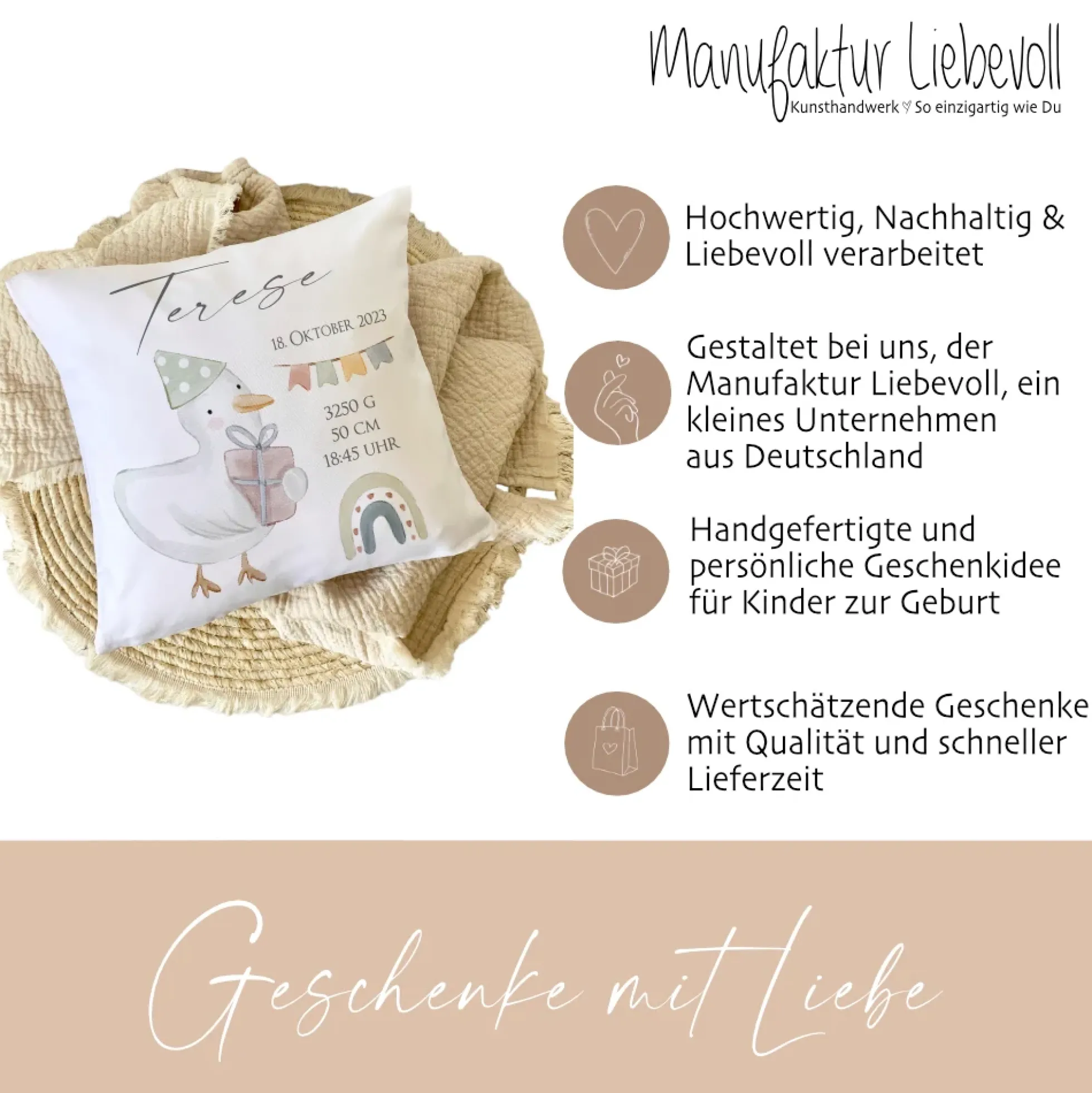 Personalisiertes Kissen zur Geburt u. Taufe mit Geburtsdaten, Motiv: Gans