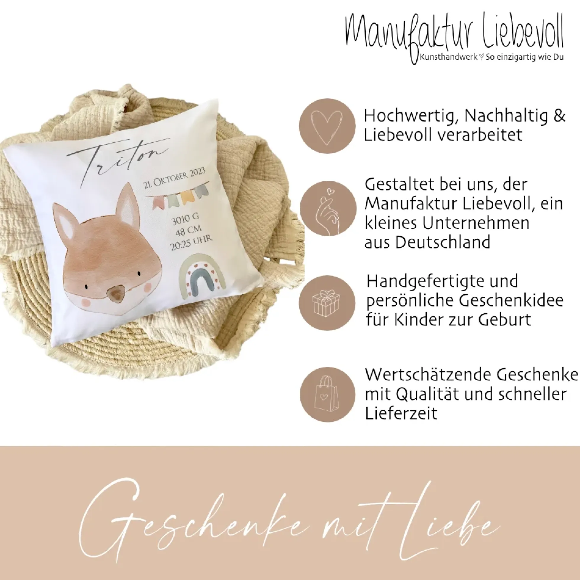 Personalisiertes Namenskissen zur Geburt u. Taufe mit Geburtsdaten, Motiv: Fuchs