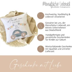 Personalisiertes Namenskissen zur Geburt u. Taufe mit Geburtsdaten, Motiv: Auto