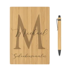 Personalisiertes Notizbuch "Gedankensammler" mit Namen und Monogram | Buch aus Bambus und Kugelschreiber | Persönliche Geschenkidee für Sie u. Ihn