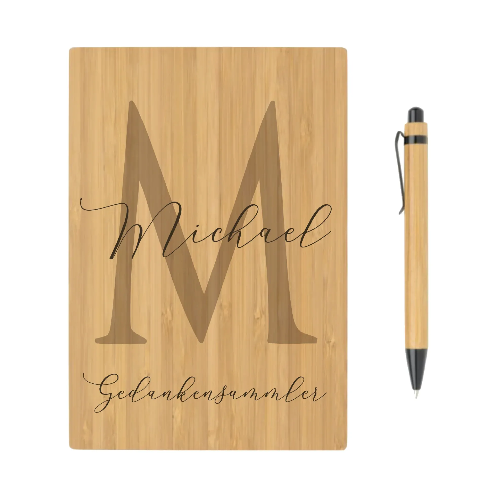 Personalisiertes Notizbuch "Gedankensammler" mit Namen und Monogram | Buch aus Bambus und Kugelschreiber | Persönliche Geschenkidee für Sie u. Ihn
