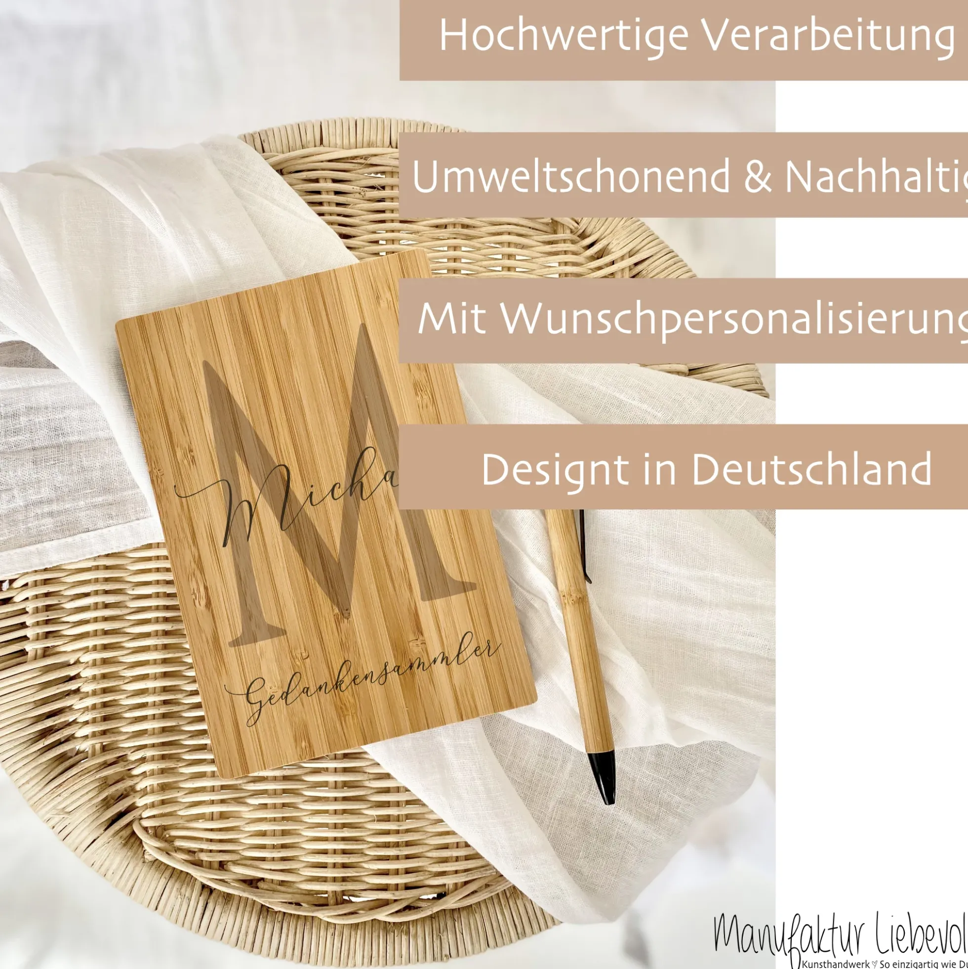 Personalisiertes Notizbuch "Gedankensammler" mit Namen und Monogram | Buch aus Bambus und Kugelschreiber | Persönliche Geschenkidee für Sie u. Ihn