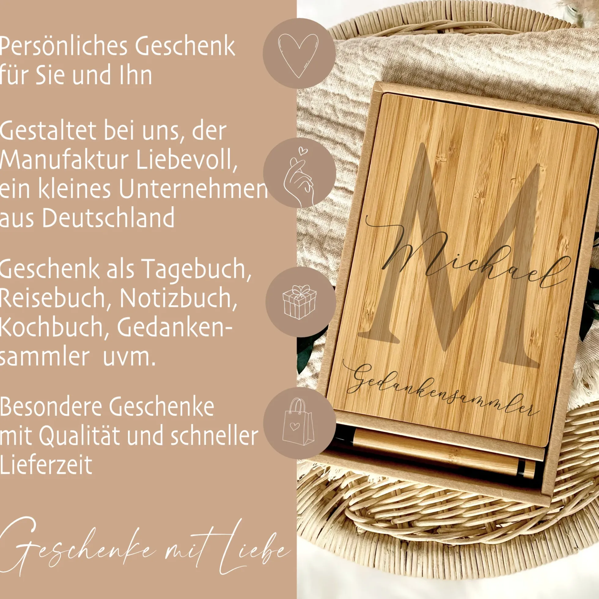 Personalisiertes Notizbuch "Gedankensammler" mit Namen und Monogram | Buch aus Bambus und Kugelschreiber | Persönliche Geschenkidee für Sie u. Ihn