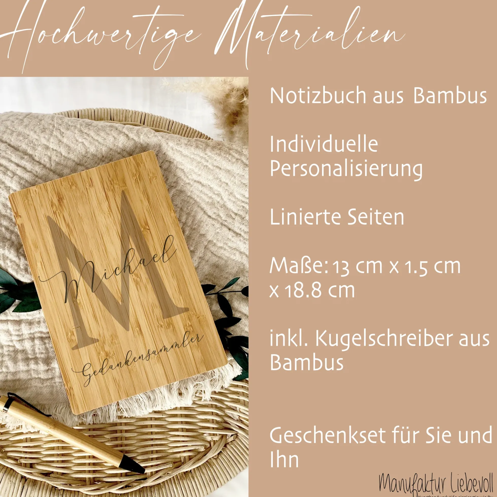 Personalisiertes Notizbuch "Gedankensammler" mit Namen und Monogram | Buch aus Bambus und Kugelschreiber | Persönliche Geschenkidee für Sie u. Ihn