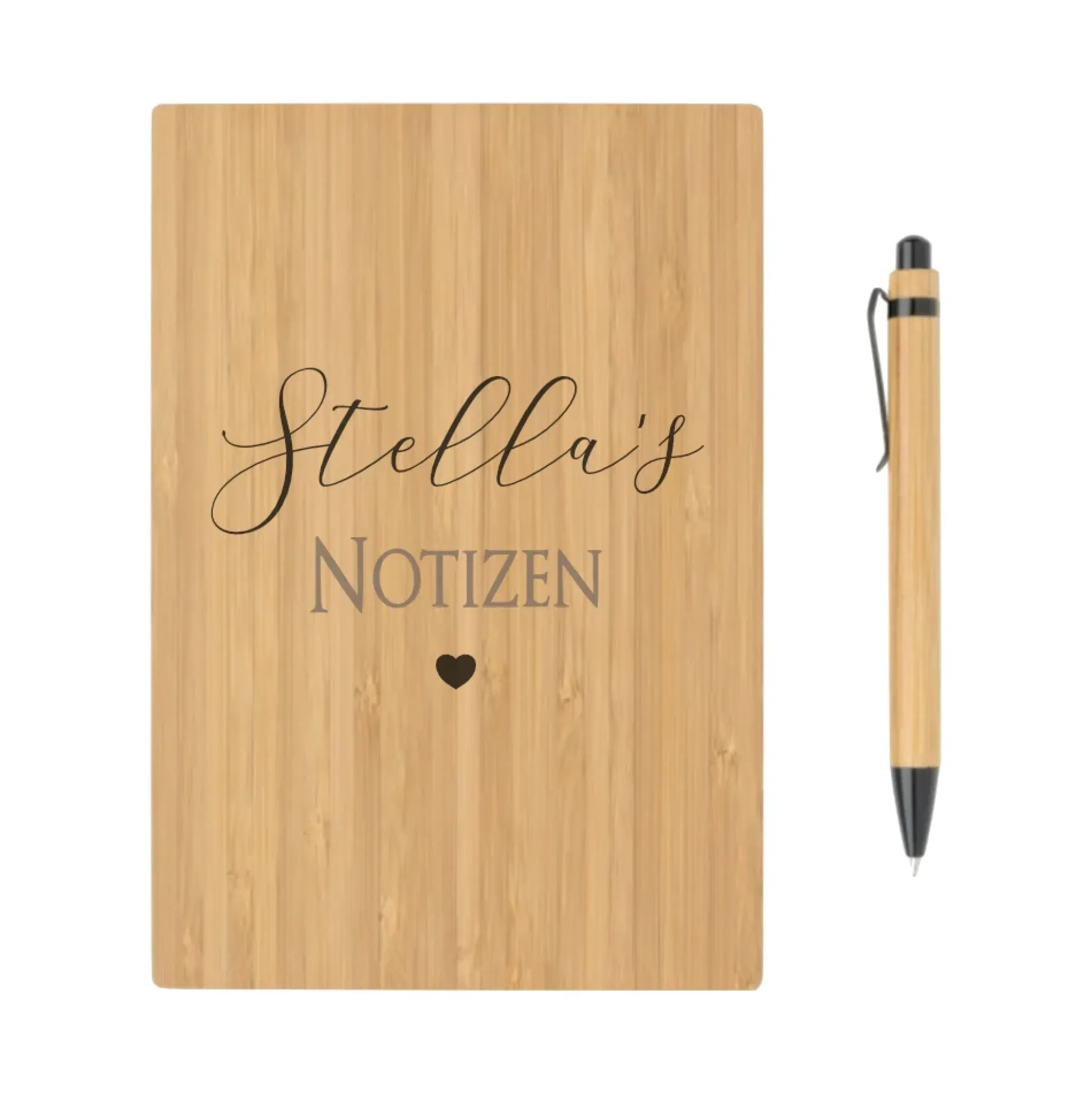 Personalisiertes Notizbuch mit Namen | Buch aus Bambus und Kugelschreiber | Persönliche Geschenkidee für Sie u. Ihn