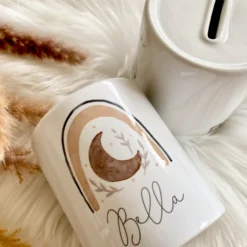 Personalisierte Spardose mit Boho Regenbogen | Geschenk mit Namen für Mädchen und Jungen
