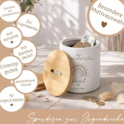Personalisierte Spardose zur Jugendweihe mit Bambusdeckel – Keramik Sparbüchse mit Namen & Datum – Geldgeschenk Boho Regenbogen – 4 Motive zur Auswahl