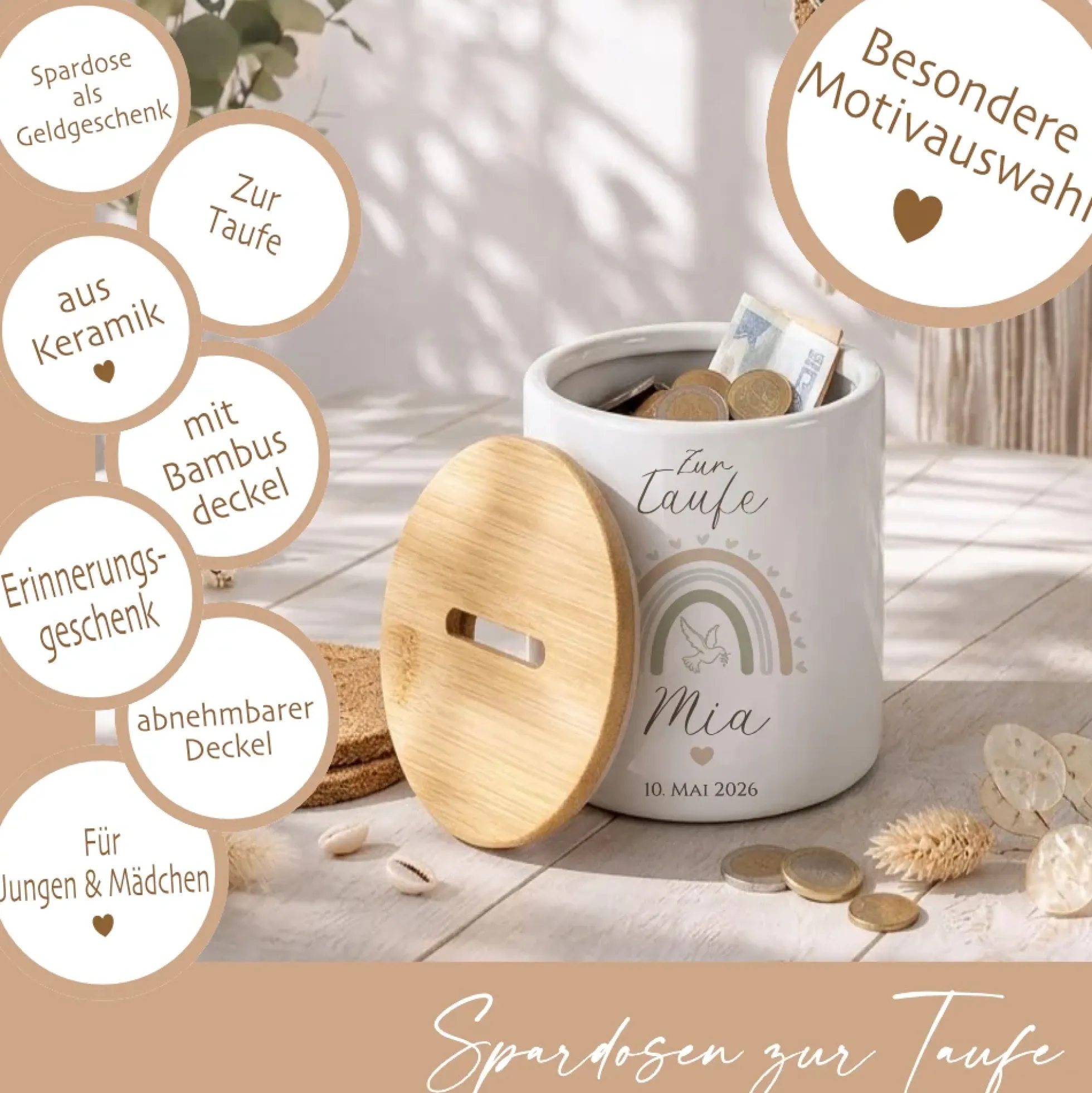 Personalisierte Spardose zur Taufe aus Bambus – Individuelles Taufgeschenk mit Gravur