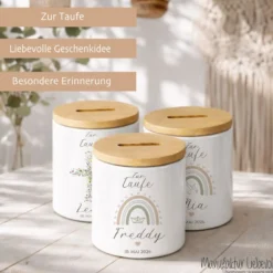 Personalisierte Spardose zur Taufe aus Bambus – Individuelles Taufgeschenk mit Gravur