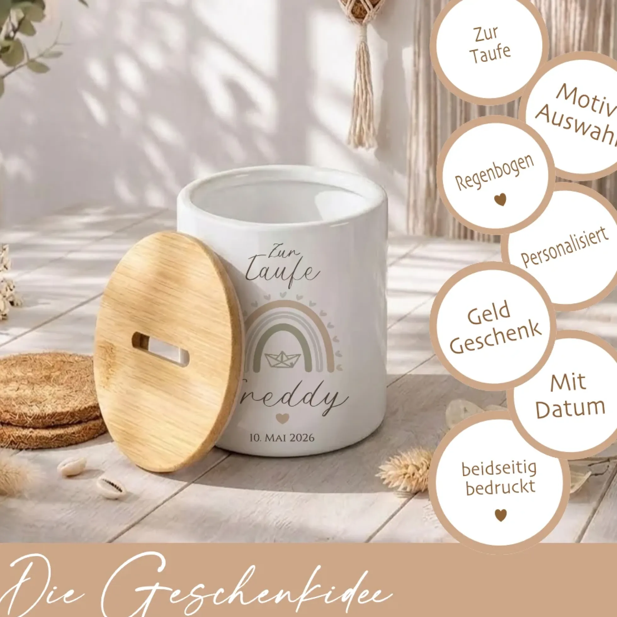Personalisierte Spardose zur Taufe aus Bambus – Individuelles Taufgeschenk mit Gravur