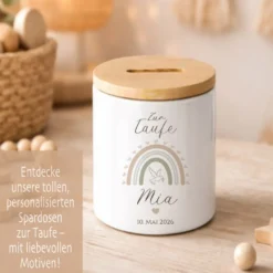 Personalisierte Spardose zur Taufe aus Bambus – Individuelles Taufgeschenk mit Gravur
