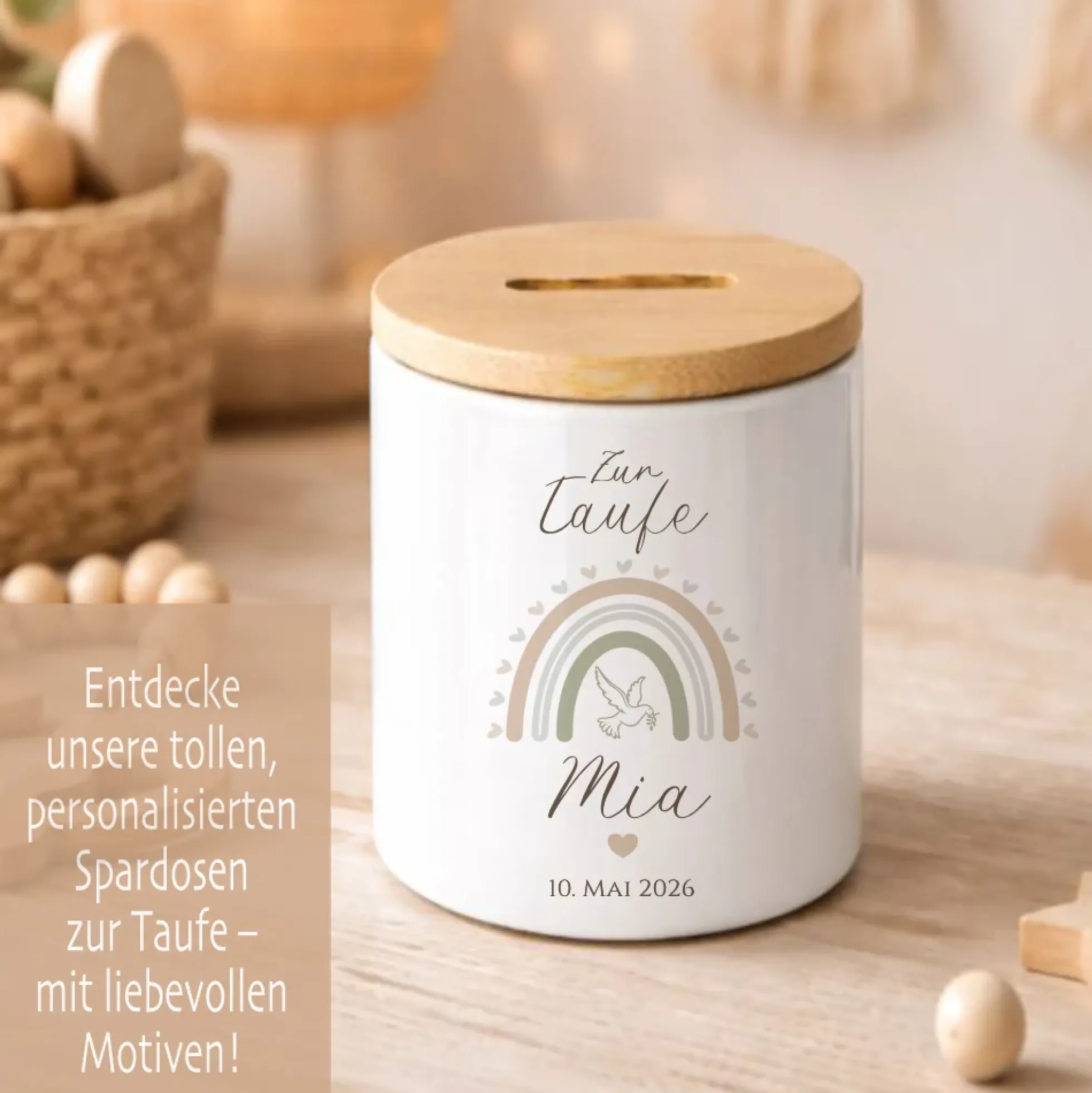 Personalisierte Spardose zur Taufe aus Bambus – Individuelles Taufgeschenk mit Gravur