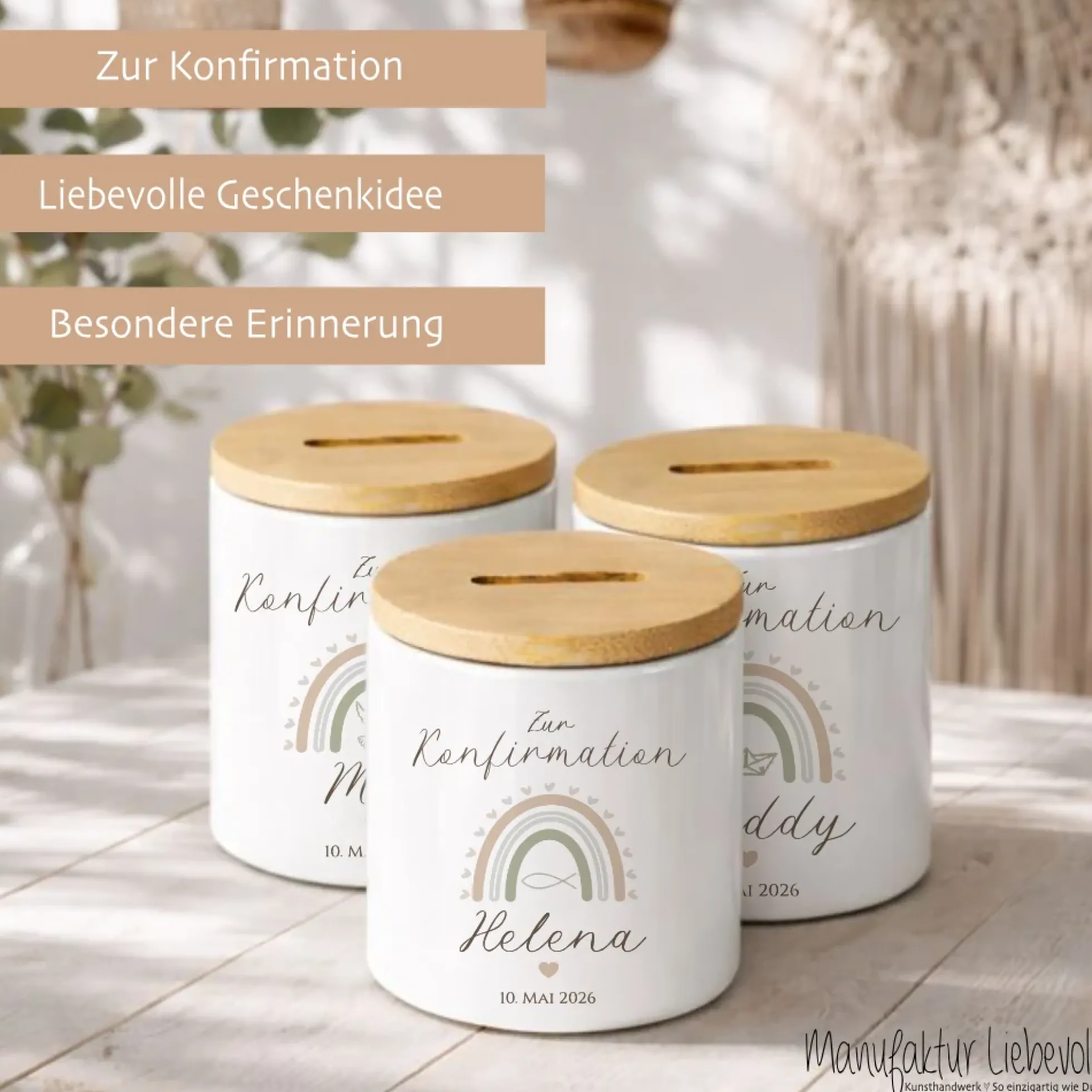 Personalisierte Spardose zur Konfirmation – Geldgeschenk aus Keramik mit Bambusdeckel