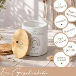 Personalisierte Spardose zur Konfirmation – Geldgeschenk aus Keramik mit Bambusdeckel