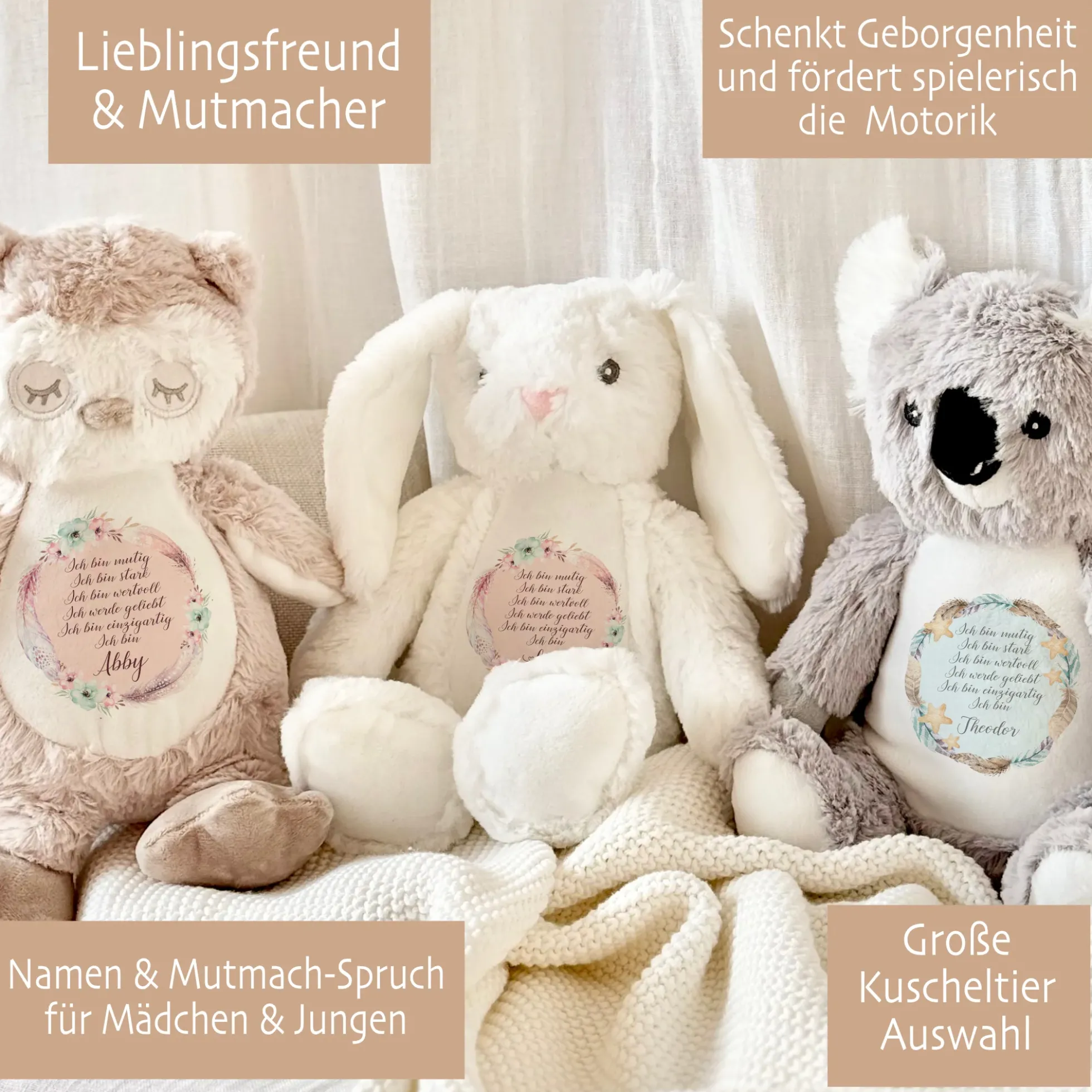 Personalisiertes Plüschtier Namen Geschenk Baby Geburt Taufe Geburtstag mit Affirmation