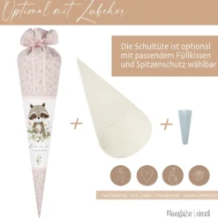 Personalisierte Stoff Schultüte mit Namen – Süße Waldtiere Motive & Boho-Details – Handgemacht zur Einschulung