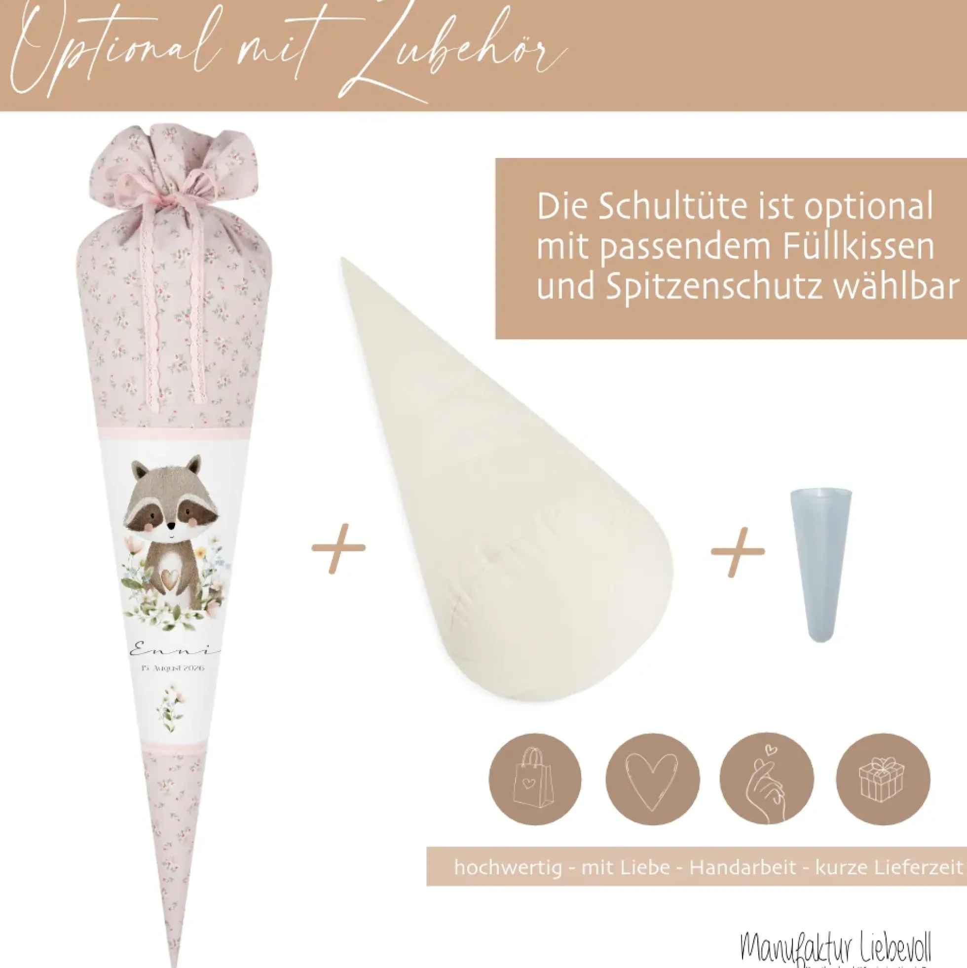 Personalisierte Stoff Schultüte mit Namen – Süße Waldtiere Motive & Boho-Details – Handgemacht zur Einschulung