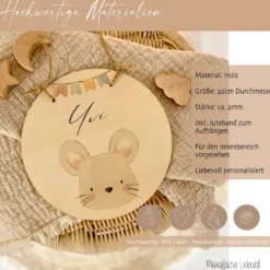 Personalisiertes Türschild aus Holz für das Kinderzimmer, Motiv: Maus