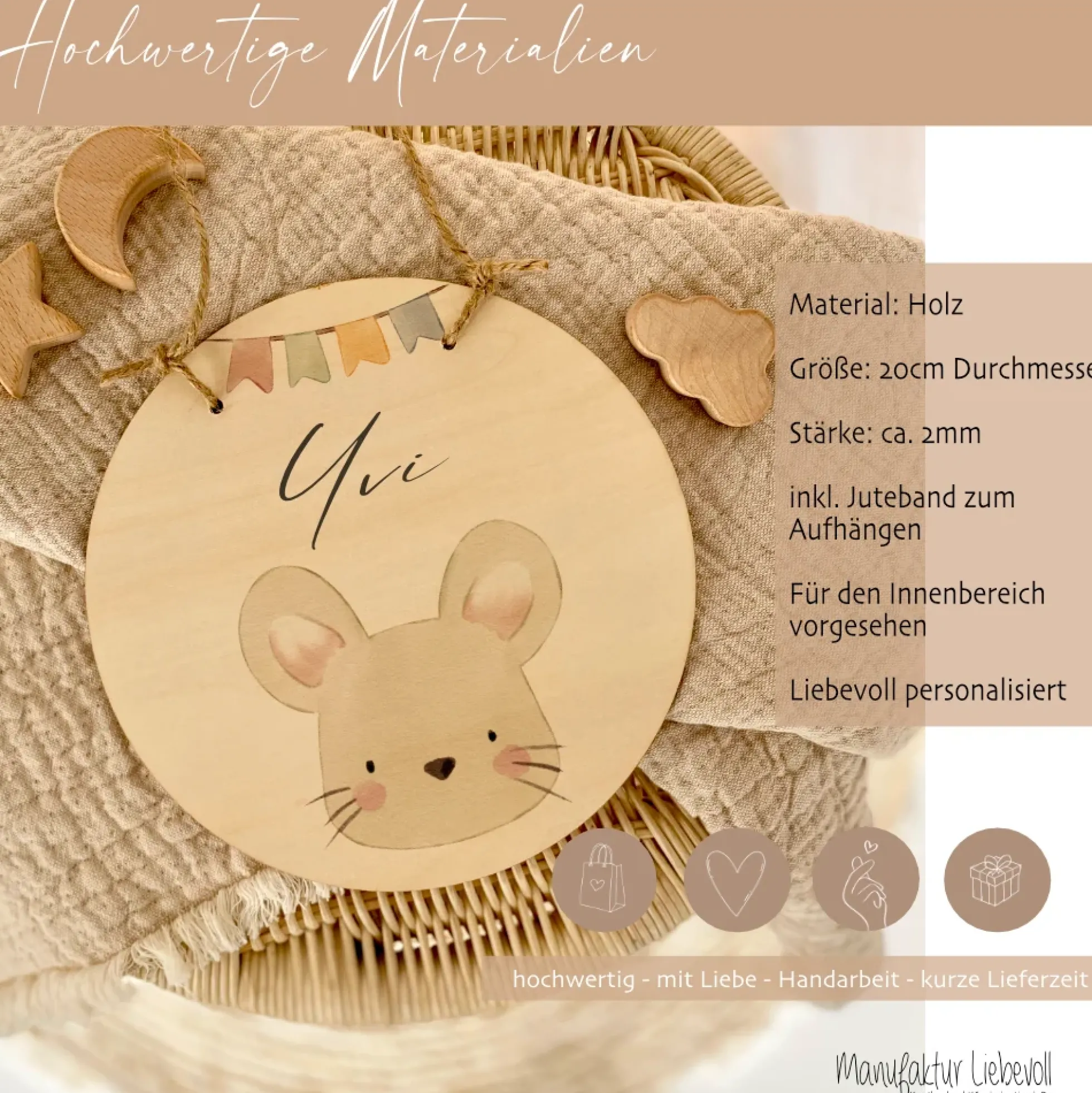 Personalisiertes Türschild aus Holz für das Kinderzimmer, Motiv: Maus