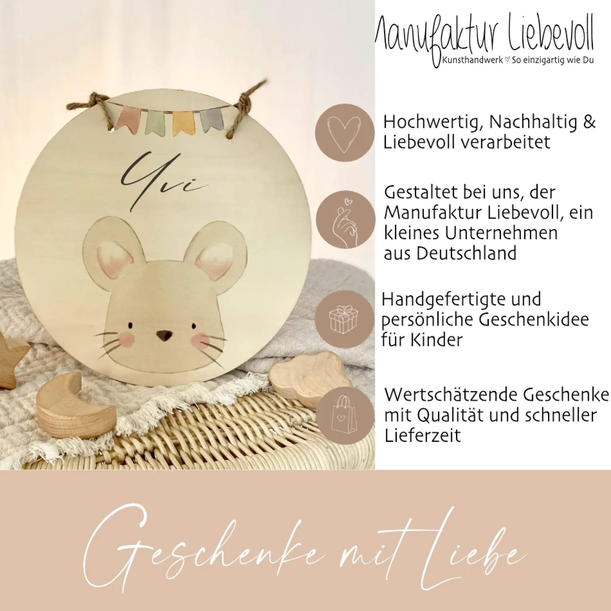 Personalisiertes Türschild aus Holz für das Kinderzimmer, Motiv: Maus